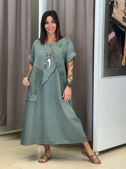 Vestido de lino Italiano con aplique mangas cortas - comprar online