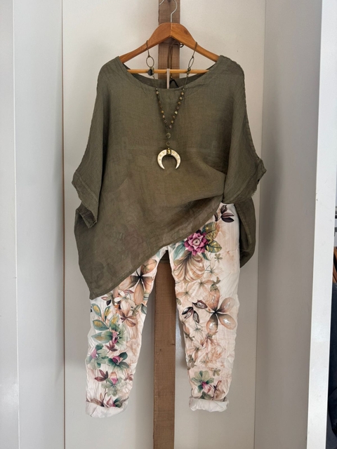 Conjunto de blusa 100% lino y babucha de microfibra - comprar online