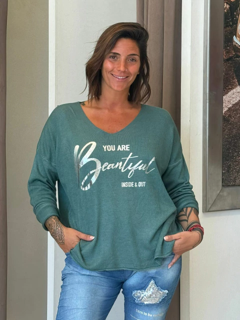 Suéter Italiano cuello V letras plateadas - comprar online