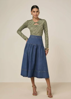 Saia Godê Jeans com Recortes - Majurye Modas