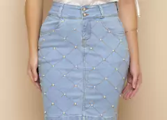 Saia Tradicional Jeans Sustentável Com Pérolas - comprar online