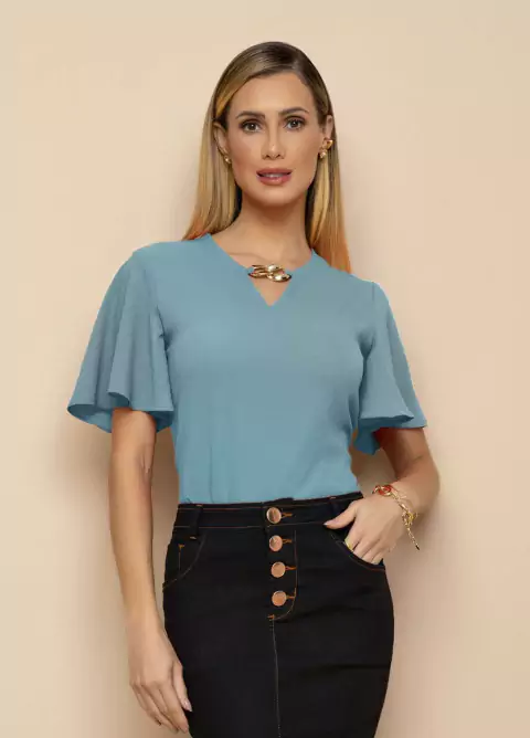 Blusa Crepe Azul Com Mangas Evasê