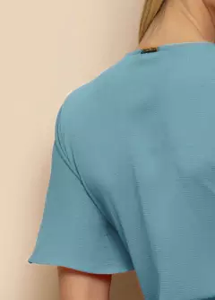 Blusa Crepe Azul Com Mangas Evasê - Majurye Modas