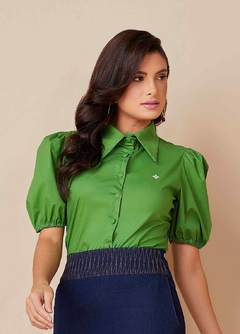 Camisa Tricoline Manga Curta Verde Com Botões Encapados Titanium Jeans