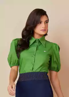 Camisa Tricoline Manga Curta Verde Com Botões Encapados Titanium Jeans