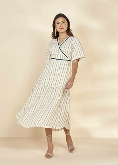 Vestido Tecido Plano Listrado com Traspasse