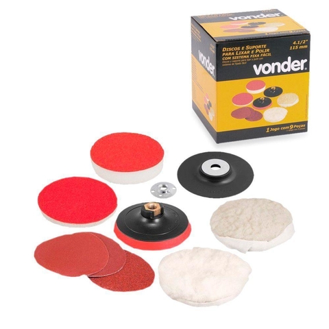 JOGO DE DISCOS para LIXAR e POLIR 4.1/2" e suporte com pluma (sistema fixa fácil)