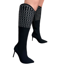 Bota Feminina Cano Longo Bico Fino Apliques Cristal