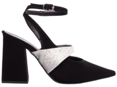 Sapato Scarpin Modelo Sandália Salto Grosso Preto Glitter Prata