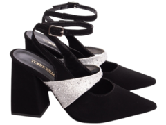 Sapato Scarpin Modelo Sandália Salto Grosso Preto Glitter Prata - netpizante