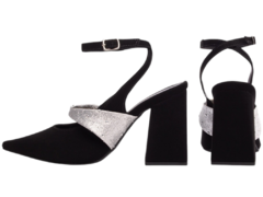 Sapato Scarpin Modelo Sandália Salto Grosso Preto Glitter Prata - comprar online