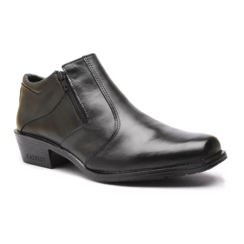 Bota Social Calvest Dois Zíper Cano Baixo Médio Couro Graxo Preto