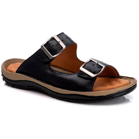 Chinelo Ranster Masculino Antistress Couro Legítimo Preto Palmilha Massageadora