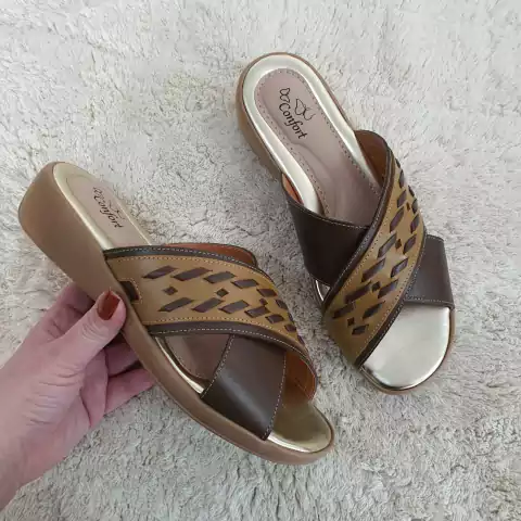 Tamanco Via Jully Anabela Baixo Couro Artesanal Conforto