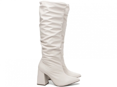 Bota Franzida Feminina Cano Longo Torricella Salto Alto Grosso Branco - netpizante