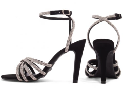 Sandália Feminina Salto Fino Nobuck Preto Strass Prata Torricella Festa - comprar online