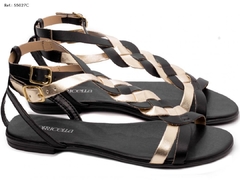 Sandália Rasteira 55027C Torricella Metalizado Dourado e Napa Preto - netpizante