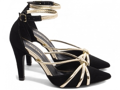 Imagem do Sapato Scarpin Torricella Salto Fino Elegante Nobuck Preto Dourado