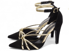 Sapato Scarpin Torricella Salto Fino Elegante Nobuck Preto Dourado - loja online