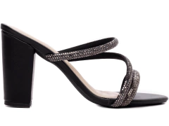 Sandália Tamanco Salto Grosso Strass Preto