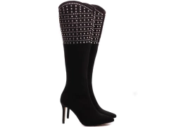 Bota Feminina Cano Longo Bico Fino Apliques Cristal