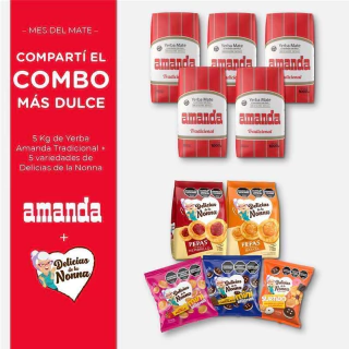 Combo de 5 paquetes de yerba mate Amanda tradicional y 5 variedades de galletitas Delicias de la Nonna sobre fondo blanco con texto promocional en rojo