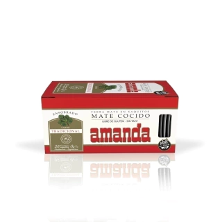 Paquete de Mate Cocido Amanda Tradicional con 25 saquitos, envase rojo y blanco