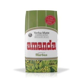 Paquete de yerba mate Amanda compuesta con hierbas 500 gramos, elaborada con peperina, poleo, incayuyo, tilo, boldo, menta y cedrón