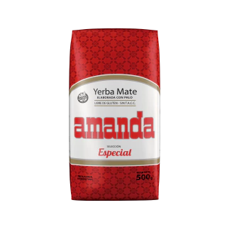 Paquete de yerba mate Amanda selección especial de 500 gramos con diseño rojo y blanco