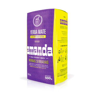 Paquete de yerba mate Amanda Hierbas Serranas de 500 gramos visto desde un ángulo lateral con diseño en colores morado y amarillo
