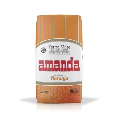 Paquete de yerba mate Amanda sabor naranja de 500 gramos