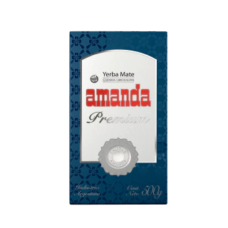 Paquete de yerba mate Amanda Premium de 500 gramos con diseño azul y blanco