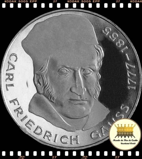 Km 145 Alemanha. Republica Federal 5 Mark 1977 J XFC Proof Prata # 200º Aniversário - Nascimento de Carl Friedrich Gauss ©