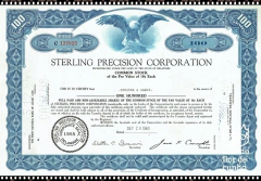 Certificado de Ação da Sterling Precision Corp. 1963 - Estados Unidos da América