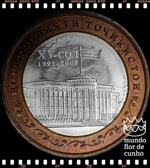 Km 15 Tajiquistão 5 Somoni 2006(sp) XFC Bimetálica Muito Escassa # 15° Aniversário da Independência ©