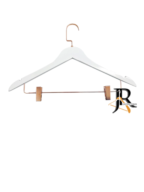 Cabide de Madeira Importado Branco com Presilha Rose e Gancho Luxo Rose | Caixa com 50 Unidades