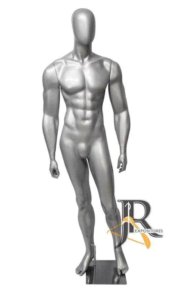 Manequim Masculino Bombado com Pose Cabeça Ovo de Fibra Prata Envernizado