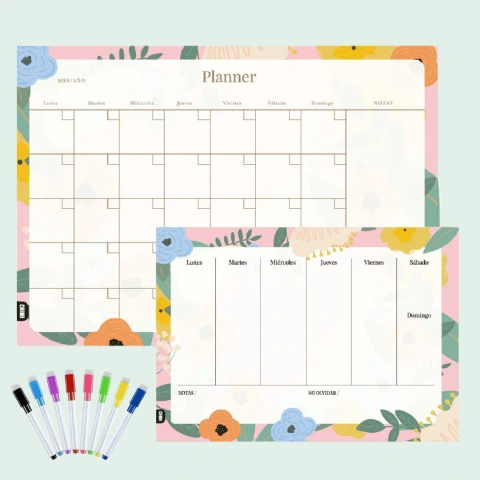 Set Planner mensual grande + Planner semanal mediano Flores Pastel + 8 marcadores
