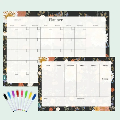 Set Planner mensual grande + Planner semanal mediano Jardín Nocturno + 8 marcadores