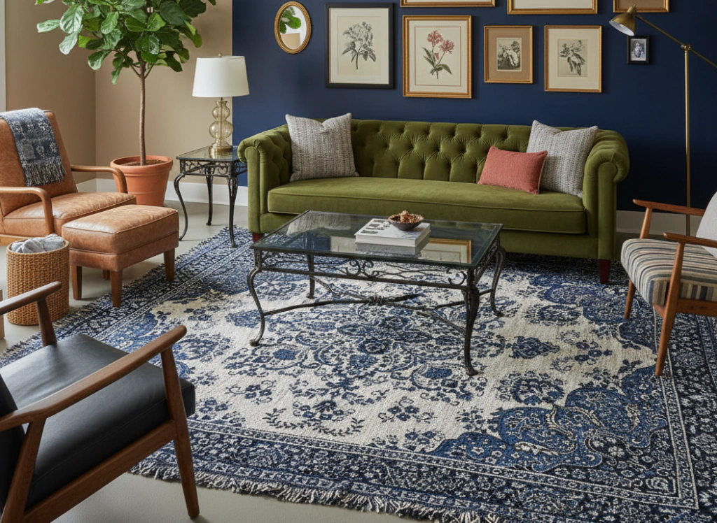 Alfombra Persa - crudo, azul y negro - 2 x 2.30