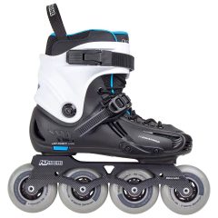 Patins inline modelo HD na cor preta com detalhes em branco e azul, com quatro rodas transparentes e sistema de fixação por fivelas pretas