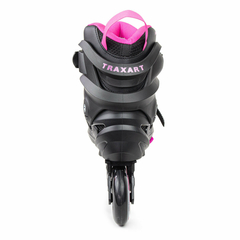 Patins Traxart Volt + 2.0 na cor rosa, vista traseira, com detalhes em preto e rodas de 80mm.