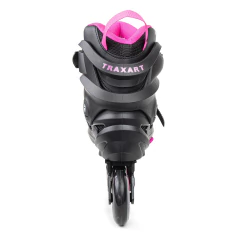 Patins Traxart Volt + 2.0 na cor rosa, vista traseira, com detalhes em preto e rodas de 80mm.
