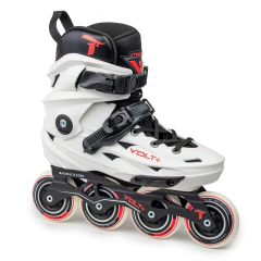 Patins Traxart Volt + 2.0 na cor branca, com rodas de 80mm e sistema de rolamento ABEC-9, apresentando design moderno e confortável.