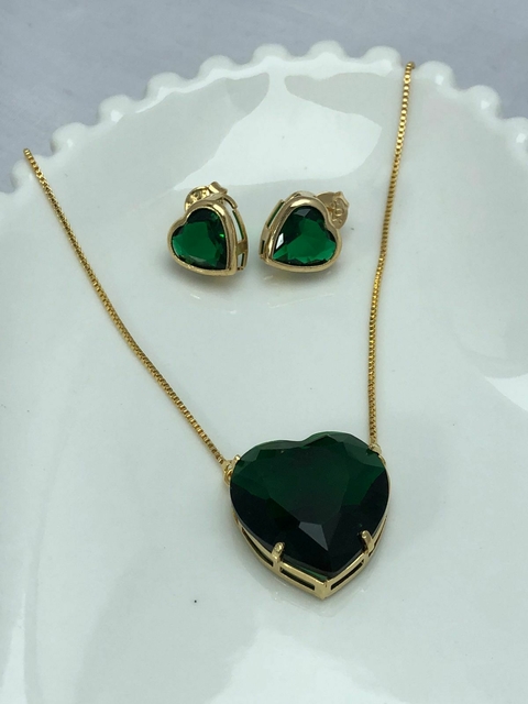 Conjunto Coração em pedra Verde