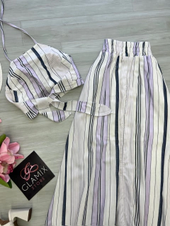 Conjunto saia longa botões linho na internet