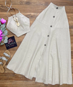 Conjunto saia longa botões linho