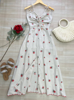 Vestido longo linho bordado