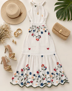 Vestido midi linho bordado