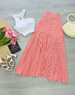 Saia longa botões listrada coral